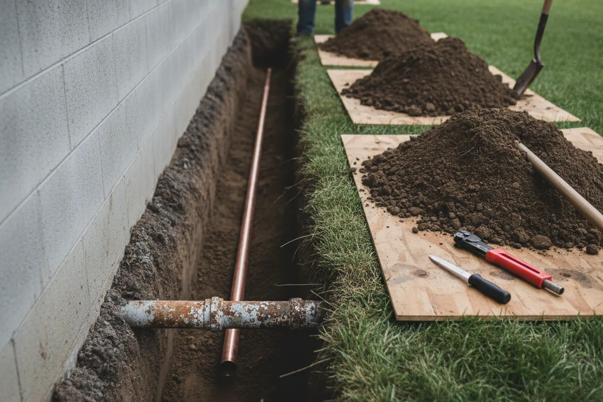 Excavated water line trench during Water Softener Installation in Colebrook
